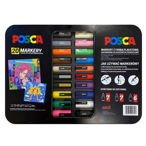 Przejdź do produktu Zestaw markerów UNI Posca - 20 szt. - metalowa kaseta