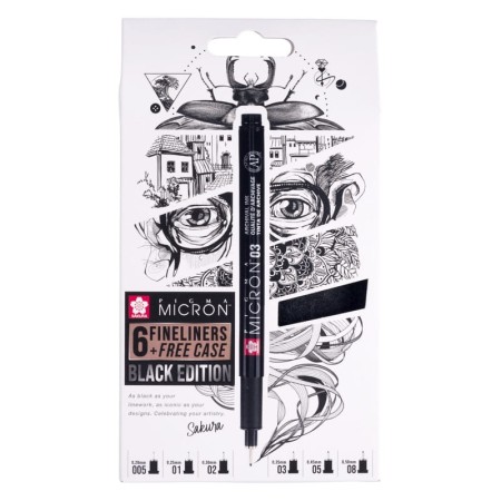 Cienkopisy SAKURA Pigma Micron Black Edition - 6 sztuk + futerał