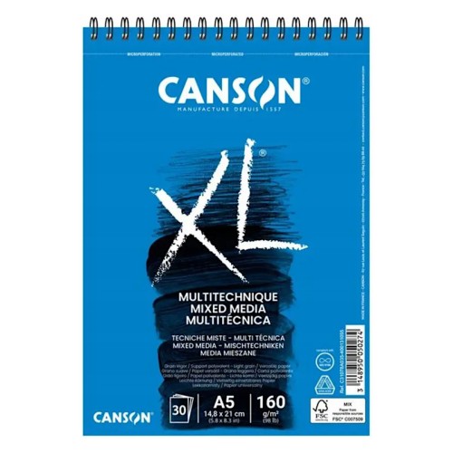 Przejdź do produktu Blok Mix Media na spirali A5 CANSON XL - 160 g/m² - 30 ark.