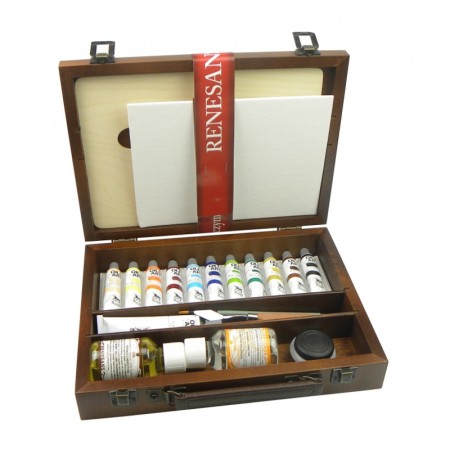 Zestaw farb olejnych RENESANS Oils for Art - 20 ml - 12 kolorów - drewniana walizka - z akcesoriami
