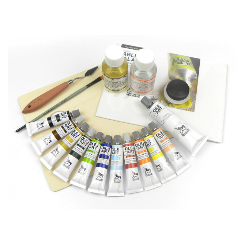 Zestaw farb olejnych RENESANS Oils for Art - 20 ml - 12 kolorów - drewniana walizka - z akcesoriami